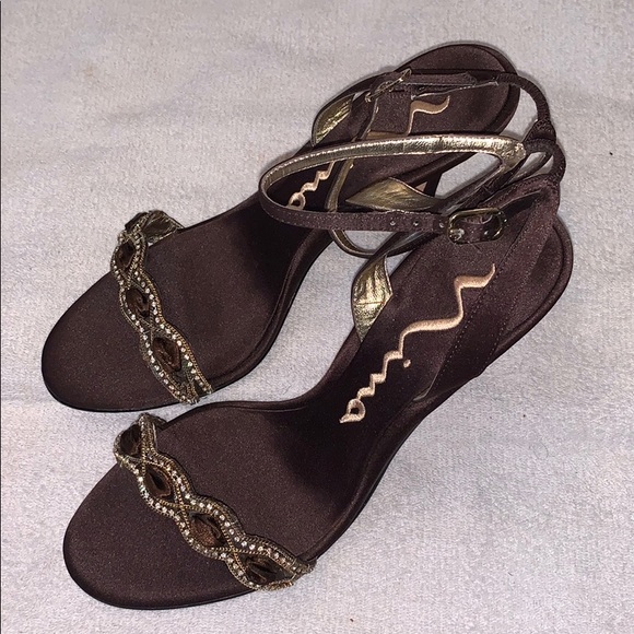 NINA Satin Brown Ankle Strap Heels - Picture 2 of 11